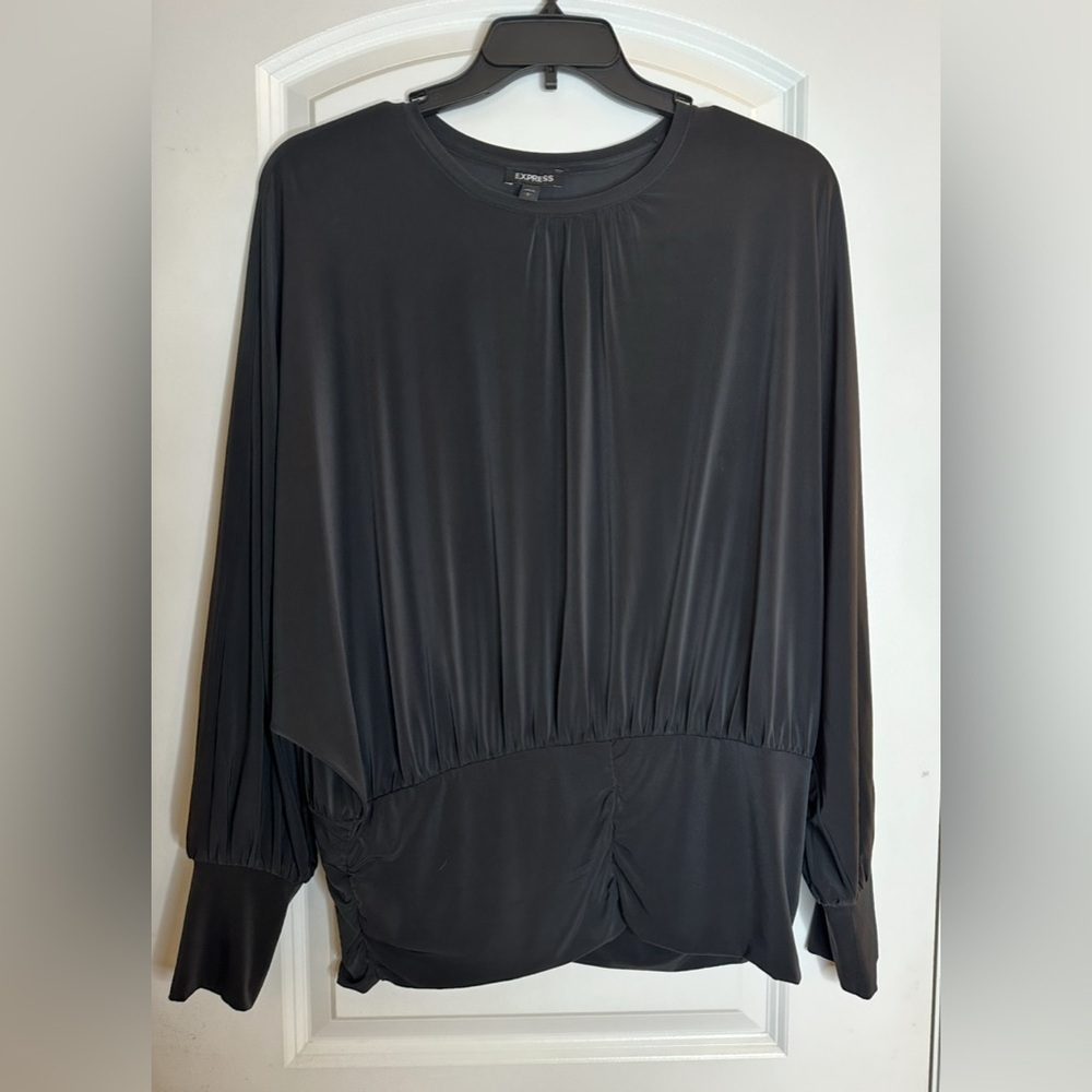 NWOT Express Black Ruched Waist Blouse Elegant Draped Top Size L - Picture 8 of 9